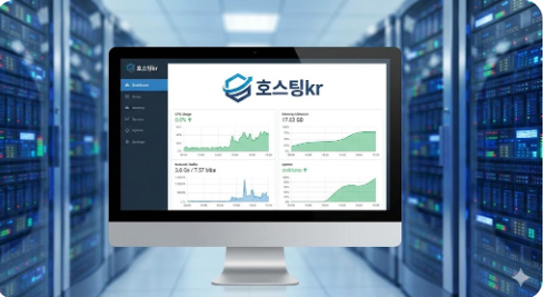 호스팅kr 대시보드 화면과 서버 성능 그래프가 결합된 신뢰감 있는 이미지