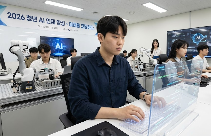 2026년 청년 일자리 정책 지원을 통해 최신 디지털 장비로 실무 실습을 하는 청년의 모습