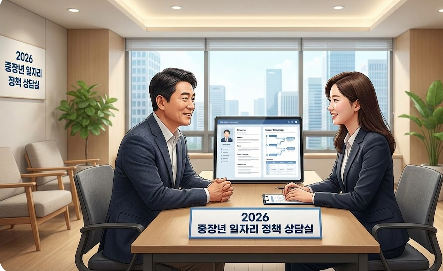 2026년 중장년 일자리 정책의 일환으로 전문 커리어 컨설턴트와 재취업 상담을 진행하는 모습