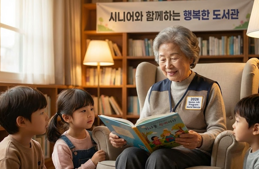 2026년 시니어 일자리 사업 총정리: 사회서비스형, 시니어 인턴십 및 신청 방법 가이드 2026년 시니어 일자리 사업을 통해 지역 도서관에서 아이들에게 책을 읽어주며 사회서비스형 업무를 수행하는 어르신의 모습