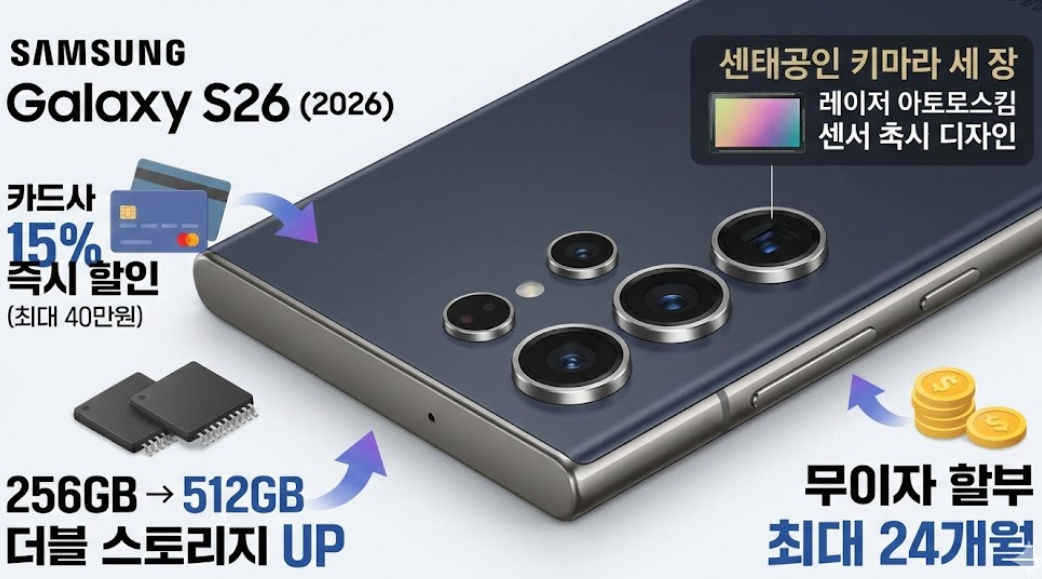 갤럭시 S26 자급제 사전예약 가이드: 쿠팡 카드 할인, 삼성닷컴 단독 혜택 및 성공 팁 갤럭시 S26 울트라 모델의 세련된 디자인과 자급제 구매 혜택을 강조한 인포그래픽