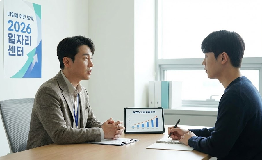 2026년 일자리 지원 정책 전문 상담사와 대화하는 구직자의 모습