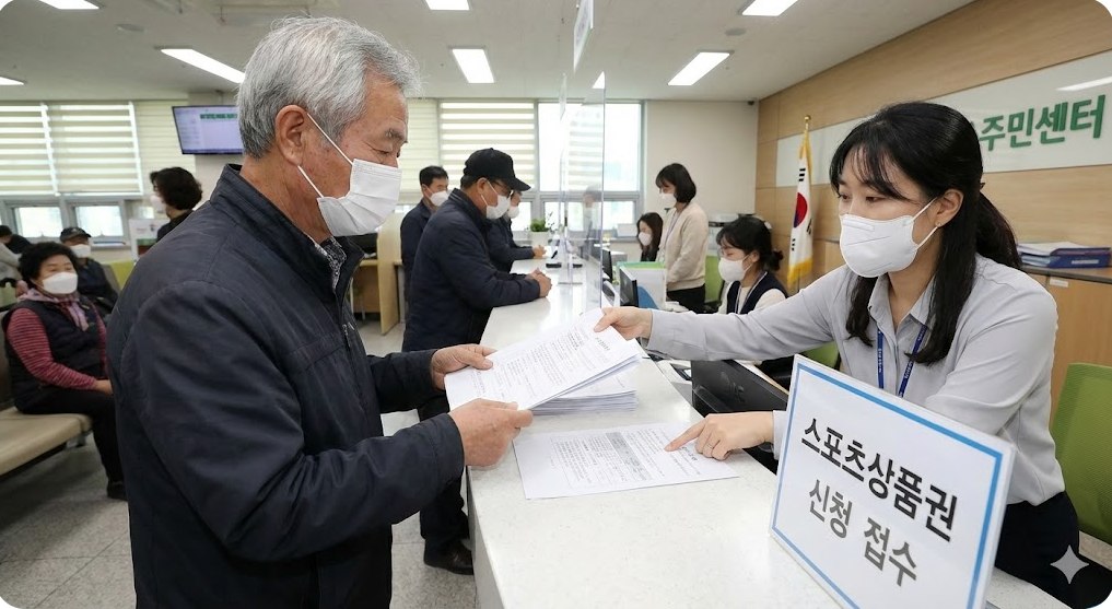 주민센터 창구에서 공무원에게 스포츠상품권 신청 서류를 제출하고 안내받는 어르신의 모습