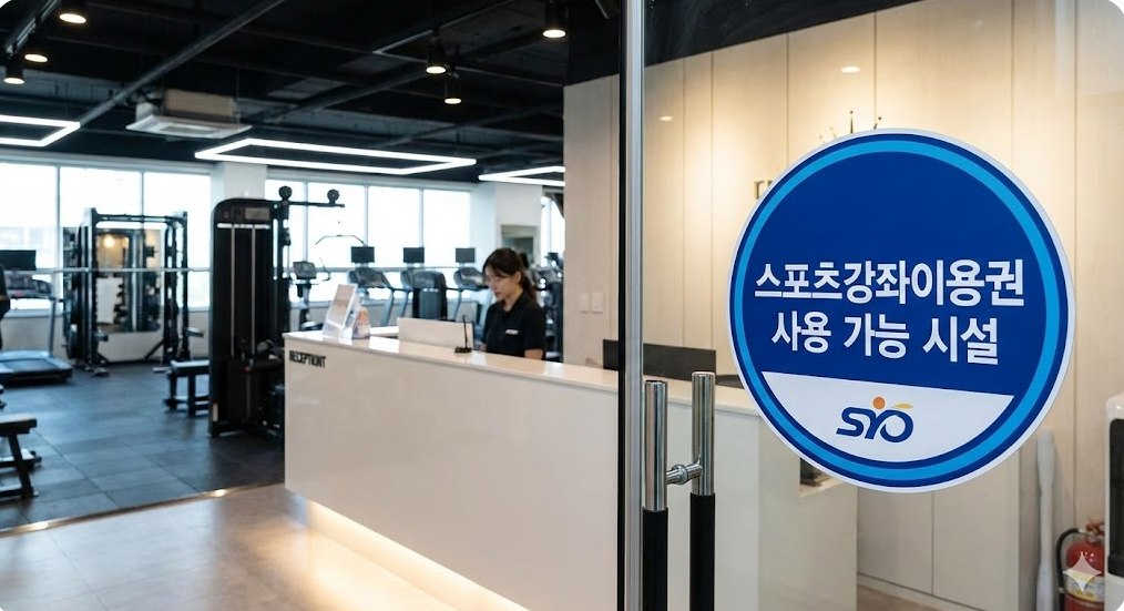 체육관 카운터에서 '스포츠강좌이용권 사용 가능 시설' 스티커가 붙어 있는 입구 모습