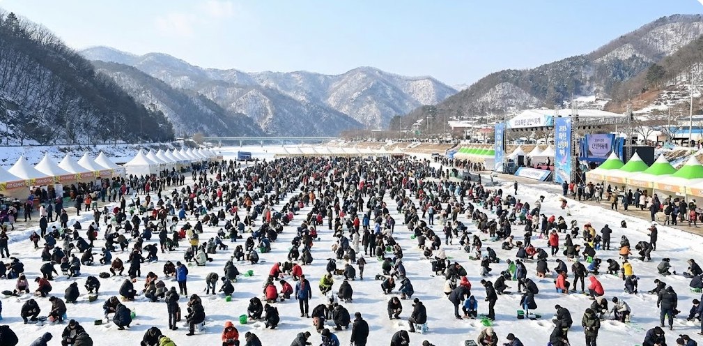 2026 화천 산천어축제 얼음낚시터 전경과 수많은 방문객들의 모습