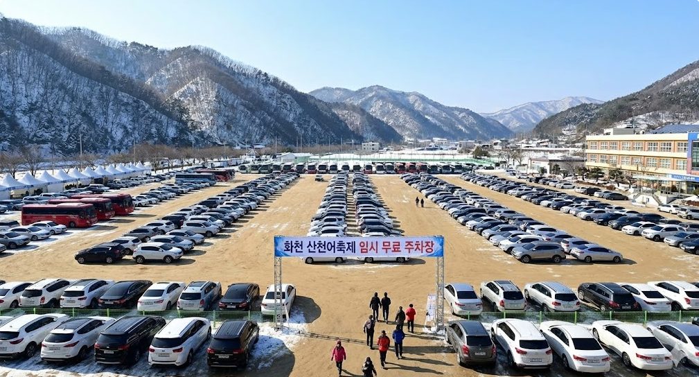 화천 산천어축제장 인근에 마련된 넓은 임시 주차장과 질서 정연한 차량들의 모습