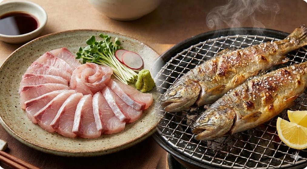 선홍빛의 신선한 산천어 회와 노릇노릇하게 구워진 산천어 소금구이의 먹음직스러운 모습