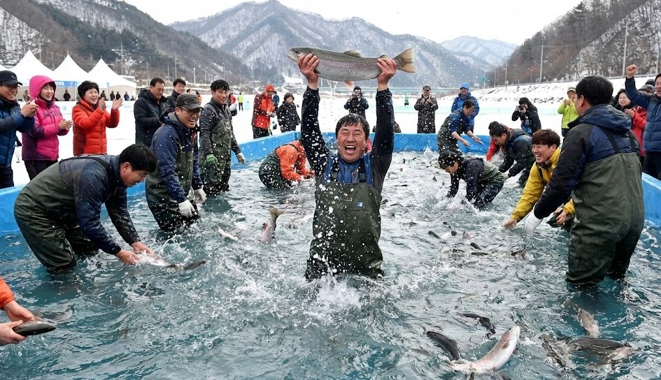 화천 산천어축제 맨손 잡기 체험장에서 산천어를 잡고 환호하는 사람들
