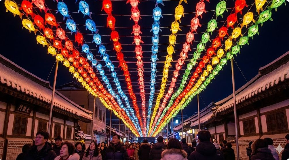 화천 시내 선등거리에 화려하게 켜진 산천어 모양의 등불들이 밤하늘을 수놓은 풍경